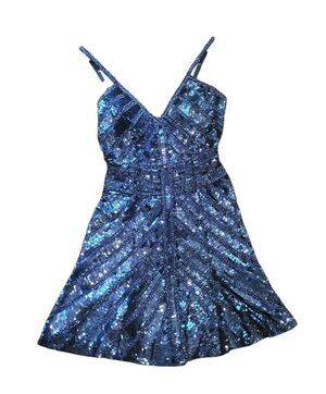 Sherri Hill Dress Women's XS Blue Sequin Beaded Mini Prom Homecoming Evening